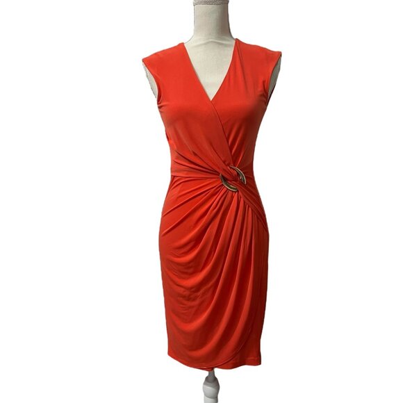 Cache Orange Office Siren Sleeveless Faux Wrap Dress With Gold Accent Si… - Picture 3 of 11